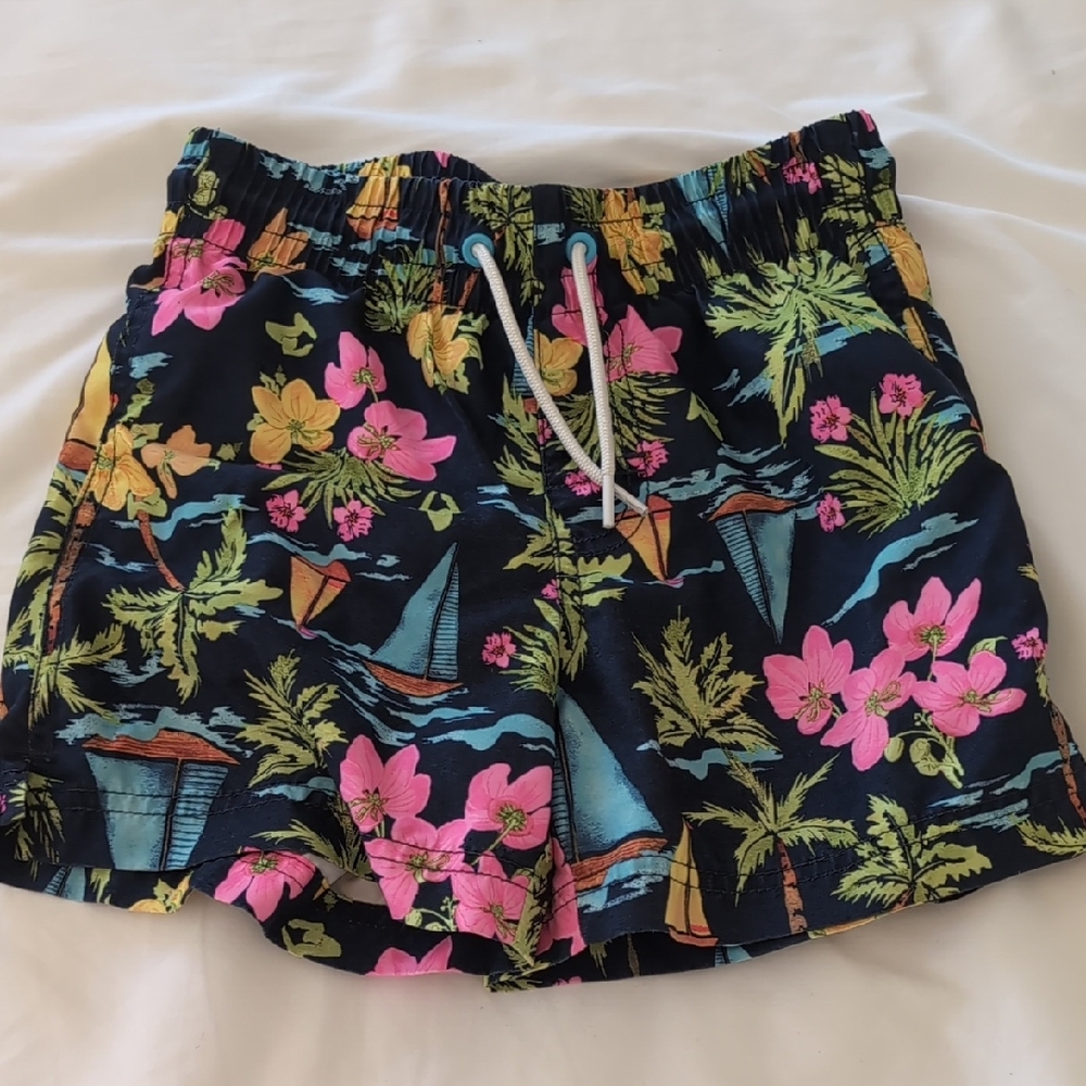 Old Navy Kids Swim Trunks - Black with Pink and Green Tropical Print